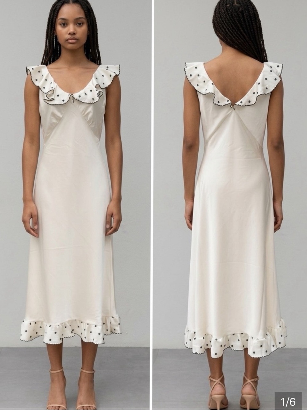 Caroline Constas Cream Maxi Dress with Black Polka-Dot Trim